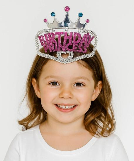 Mey İthalat® Gümüş Renk Taç Üzeri Pembe Birthday Prenses Yazılı Çocuk Parti Tacı 11X12 cm