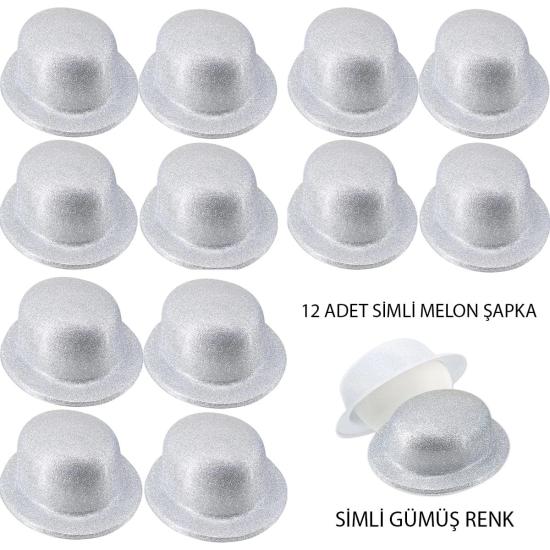 Mey İthalat® Gümüş Renk Simli Melon Yuvarlak Parti Şapkası 12 Adet