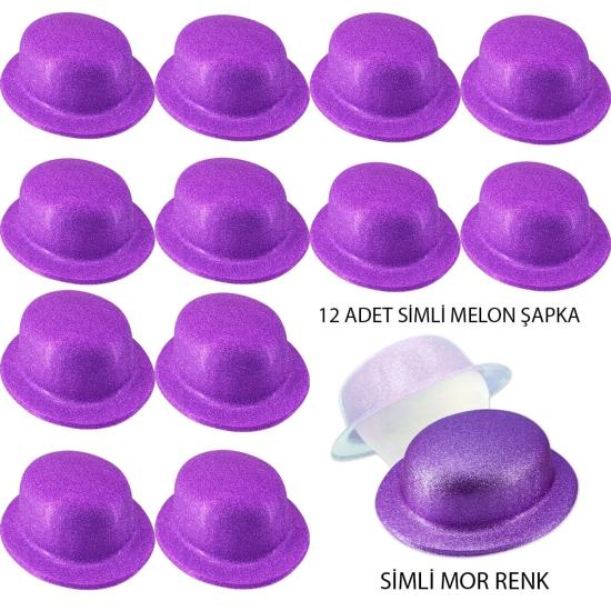 Mey İthalat® Mor Renk Simli Melon Yuvarlak Parti Şapkası 12 Adet