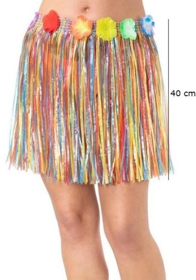 Mey İthalat® Yetişkin ve Çocuk Uyumlu Rengarenk Püsküllü Hawaii Luau Hula Etek 40 cm
