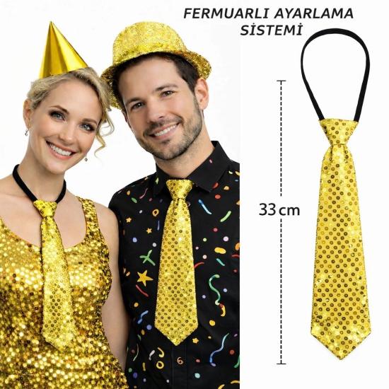 Mey İthalat® Altın Renk Pul Payetli Işıltılı Parti Kravatı 33 cm
