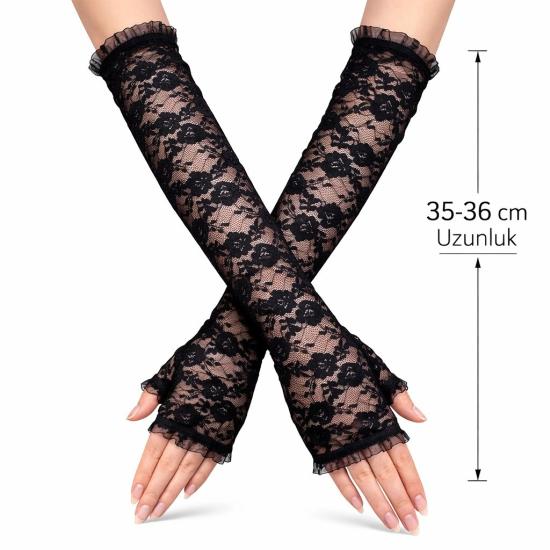 Mey İthalat® Uzun Zarif Dantel Eldiven Parmaksız Siyah 35 cm