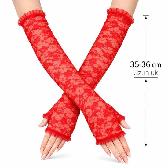 Mey İthalat® Uzun Zarif Dantel Eldiven Parmaksız Kırmızı 35 cm