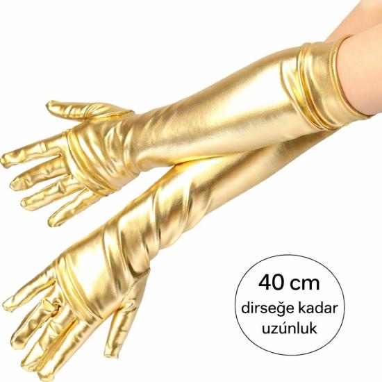 Mey İthalat® Altın Renk Dirsek Altı Lüks Saten Eldiven 40 cm