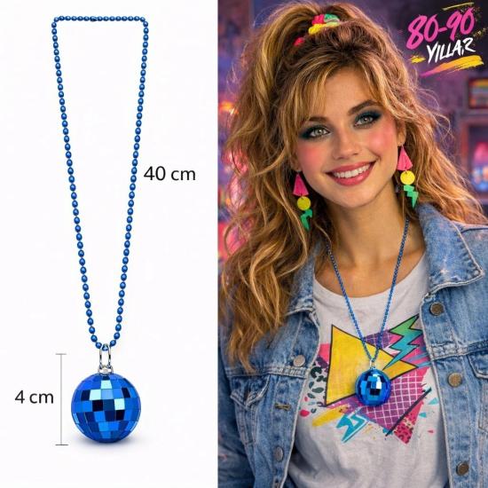 Mey İthalat® Retro Disko Topu Şekilli 80'ler 90'lar Mavi Renk Plastik Kolye
