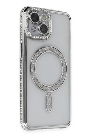 Mey İthalat®  iPhone 14 Kılıf Joke Simli Magneticsafe Kılıf - Gümüş