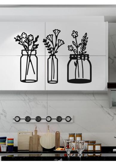 Çiçekli Kavanozlar – Ahşap Mutfak Duvar Dekoru (3’lü Set)