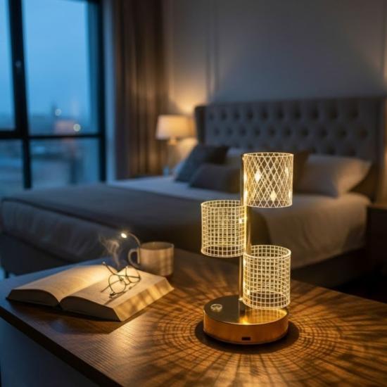 BUFFER® 3 Parça Silindirik Kristal Ekose Kareli LED Masa Lambası – Gold Gövdeli, Dokunmatik, 3 Kademe Işık Ayarlı Şarjlı Dekoratif Lamba