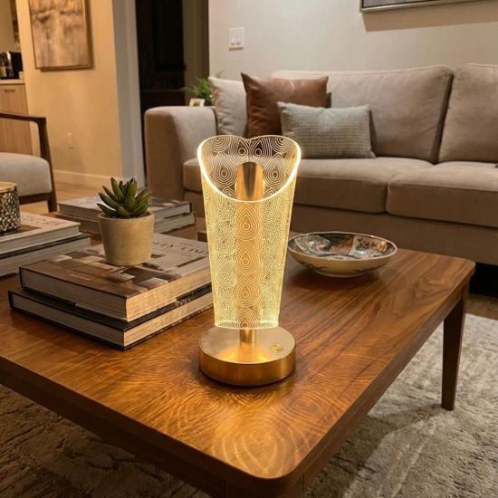 BUFFER® Açık Silindirik Kristal Damla Model LED Masa Lambası – Gold Tabanlı, Dokunmatik, 3 Renk Işık Modlu, Şarjlı Modern Dekoratif Gece Lambası