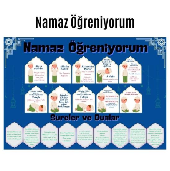 Çocuklar İçin Renkli  ’’namaz Öğreniyorum’’ Afişi - 33x48 Cm Figürlü Eğitim Materyali Erkek