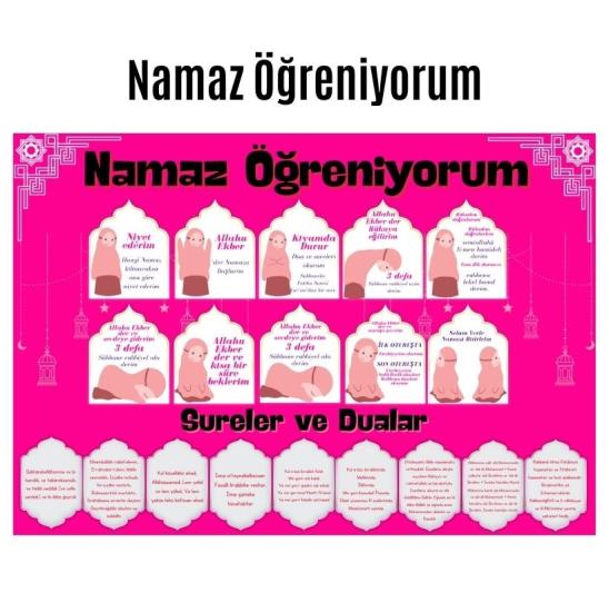 Çocuklar İçin Renkli  ’’namaz Öğreniyorum’’ Afişi - 33x48 Cm Figürlü Eğitim Materyali Kız