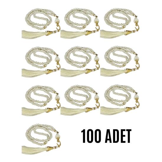 Namaz Tesbihi Vavlı 99’lu Cam İncili Ayet-el Kürsi Dua Kartı İle Krem Renk Hediyelik 100 Adet