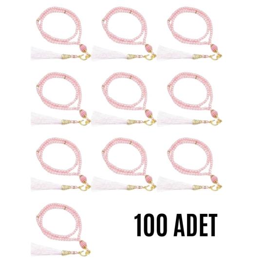 Namaz Tesbihi Vavlı 99’lu Cam İncili Ayet-el Kürsi Dua Kartı İle Pembe Renk Hediyelik 100 Adet