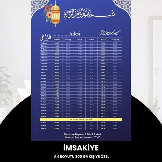 Ramazan İmsakiyesi - 300 Gr - A4 Boyut Kişiye Özel İsimli & Logolu 1 Adet Mat Mavi
