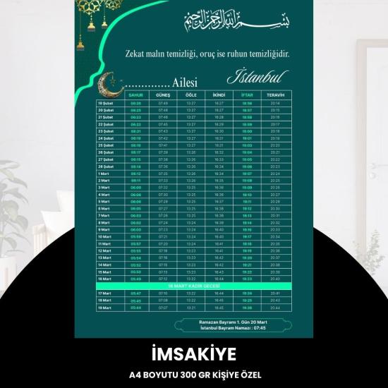 Ramazan İmsakiyesi - 300 Gr - A4 Boyut Kişiye Özel İsimli & Logolu 1 Adet Yeşil-turkuaz