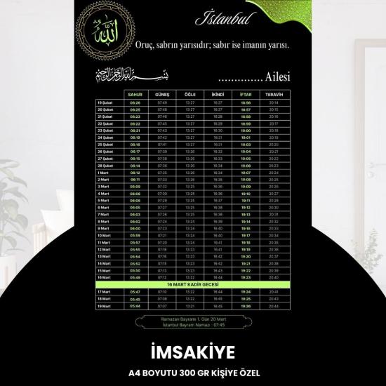 Ramazan İmsakiyesi - 300 Gr - A4 Boyut Kişiye Özel İsimli & Logolu 10 Adet Siyah-yeşil