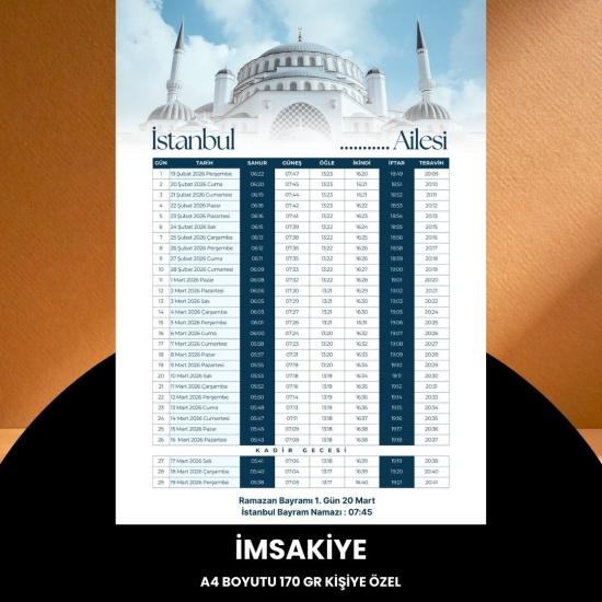 Ramazan İmsakiyesi - 170 Gr - A4 Boyut Kişiye Özel İsimli & Logolu 100 Adet Mavi