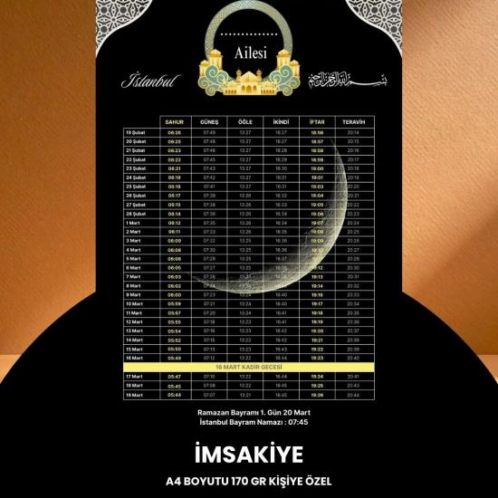 Ramazan İmsakiyesi - 170 Gr - A4 Boyut Kişiye Özel İsimli & Logolu 100 Adet Siyah-sarı