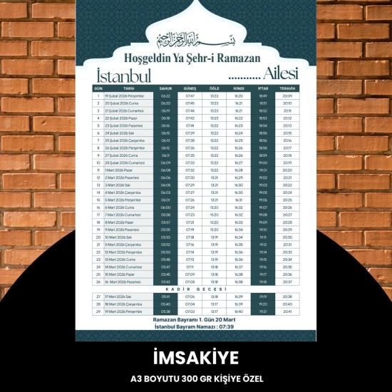 Ramazan İmsakiyesi - 300 Gr - A3 Boyut Kişiye Özel İsimli & Logolu 1 Adet Yeşil