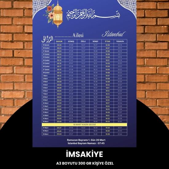 Ramazan İmsakiyesi - 300 Gr - A3 Boyut Kişiye Özel İsimli & Logolu 1 Adet Mat Mavi