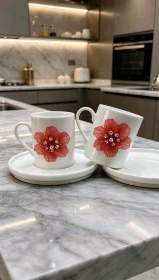 KİRLİNOVA® KIRMIZI ÇİÇEK 2’Lİ PORSELEN FİNCAN TAKIMI