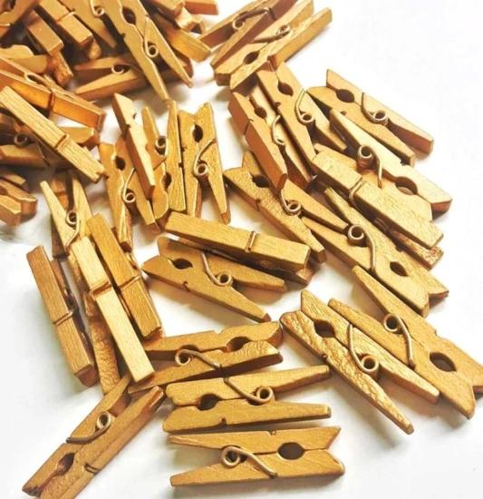 100’lü Gold Ahşap Mandal 2,5 cm - Dekoratif Mini Fotoğraf Mandalı Seti