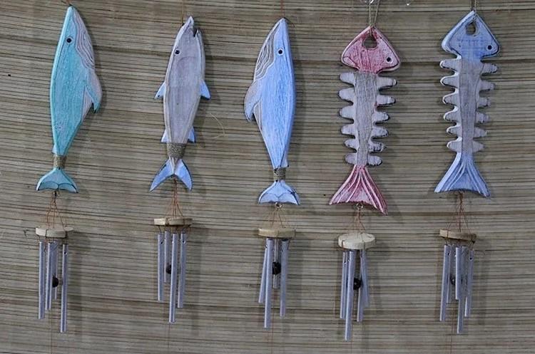 Ahşap Balıklı Metal Çan - 70 cm Dekoratif Marin Temalı Duvar Süsü No:5