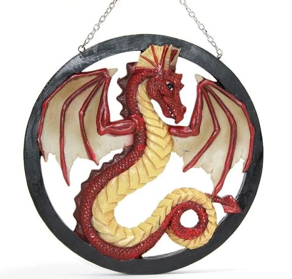 Duvara Asmalı Polyester Dragon Pano - 21.5x21.5 cm Yuvarlak Ejderha Duvar Dekoru