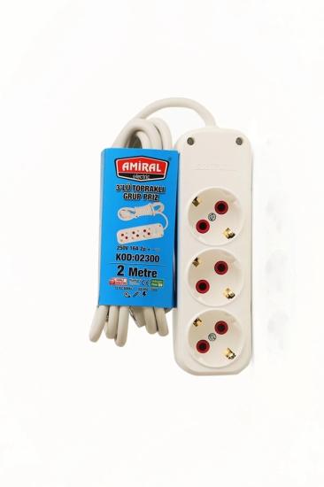 Amiral 3’lü Topraklı 2 Metre Kablolu Grup Priz - Güvenli Uzatma Kablosu
