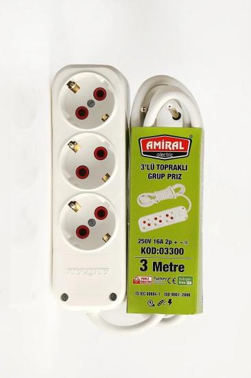 Amiral 3’lü Topraklı 3 Metre Kablolu Grup Priz - Güvenli Uzatma Kablosu