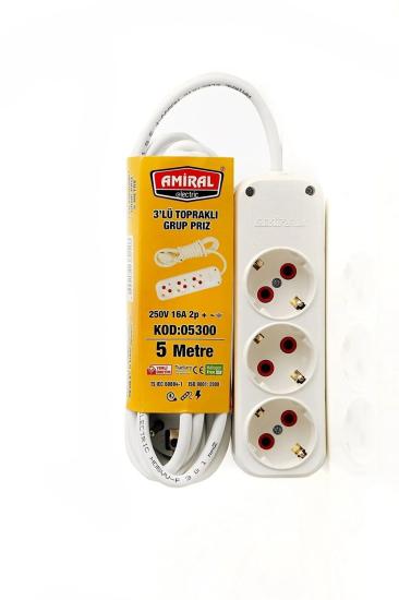 Amiral 3’lü Topraklı 5 Metre Kablolu Grup Priz - Güvenli Uzatma Kablosu