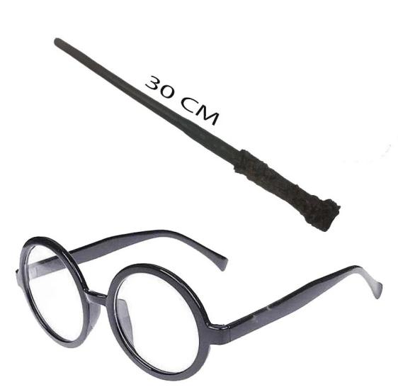 Harry Potter Asa ve Gözlük Seti | 35 cm Sihirbaz Asası ve Numarasız Gözlük