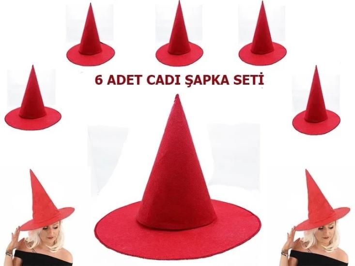 Kırmızı Keçe Cadı Şapkası 6 Adet | Yetişkin ve Çocuk Uyumlu Kostüm Aksesuarı