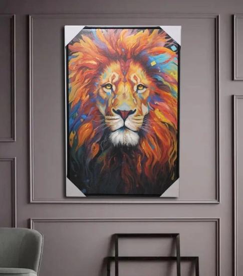 Duvara Asmalı Yağlı Boya Pano, 90x60 cm Aslan Figürlü Dekoratif Duvar Panosu