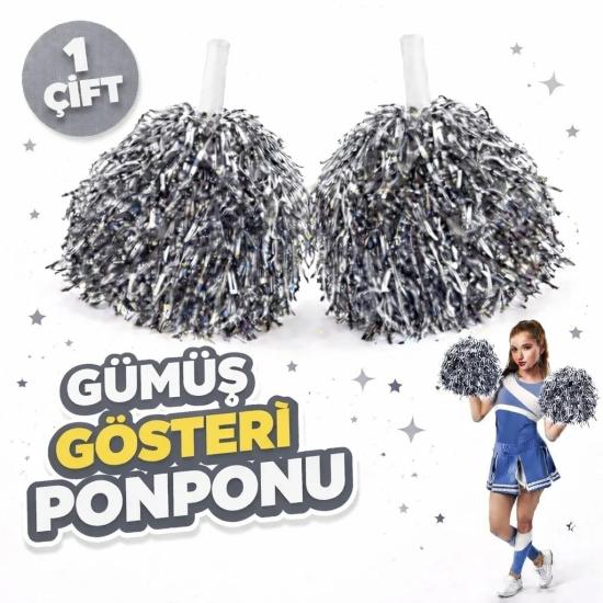 Gümüş Renk Gösteri Ponponu 2 Adet - 23 Nisan ve Okul Etkinlikleri İçin Metalik