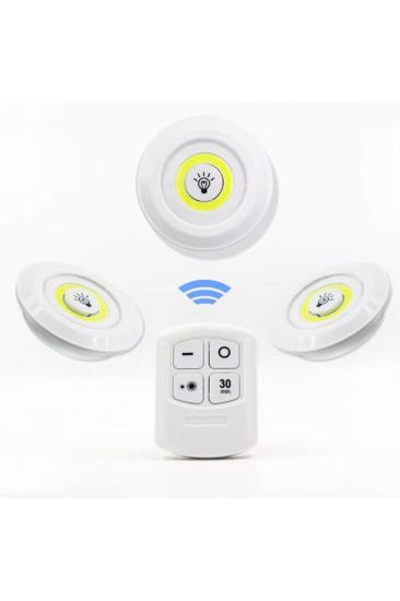 3 Lü Kumandalı Yapışkanlı Kablosuz Pilli Led Spot Lamba Işıldak