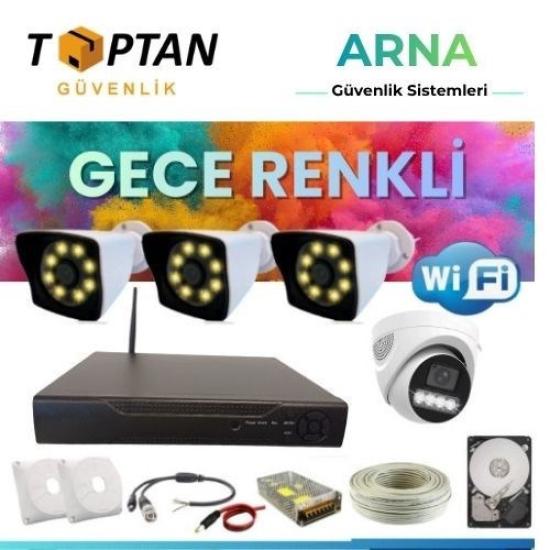 3 Dış 1 Iç 4 Kameralı Gece Renkli Wıfı Ozellikli 4 Tb HDD Dahil Güvenlik Kamera Seti