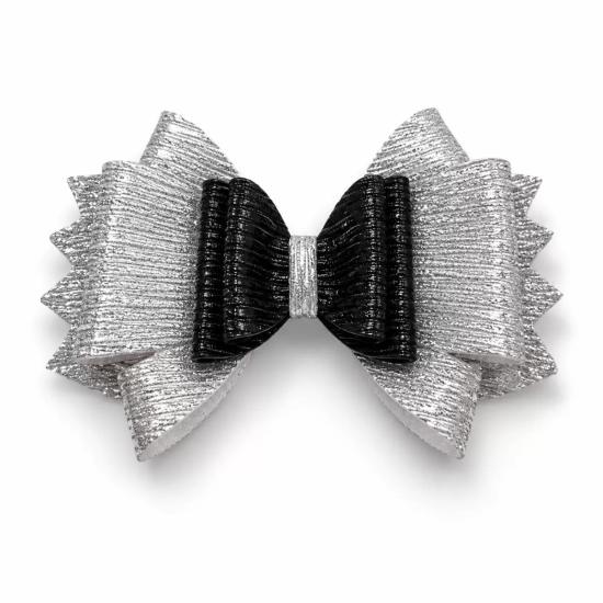Glitter Detaylı Fiyonk Saç Tokası 9x6 Cm Gri - Siyah