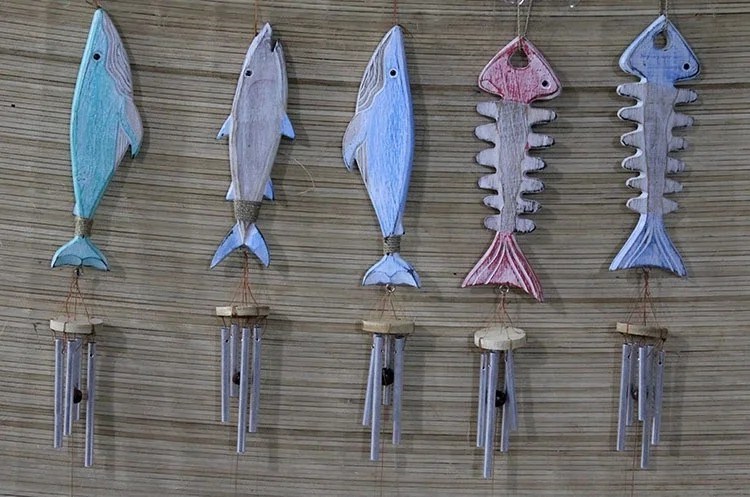 Ahşap Balıklı Metal Çan - 70 cm Dekoratif Marin Temalı Duvar Süsü No:5