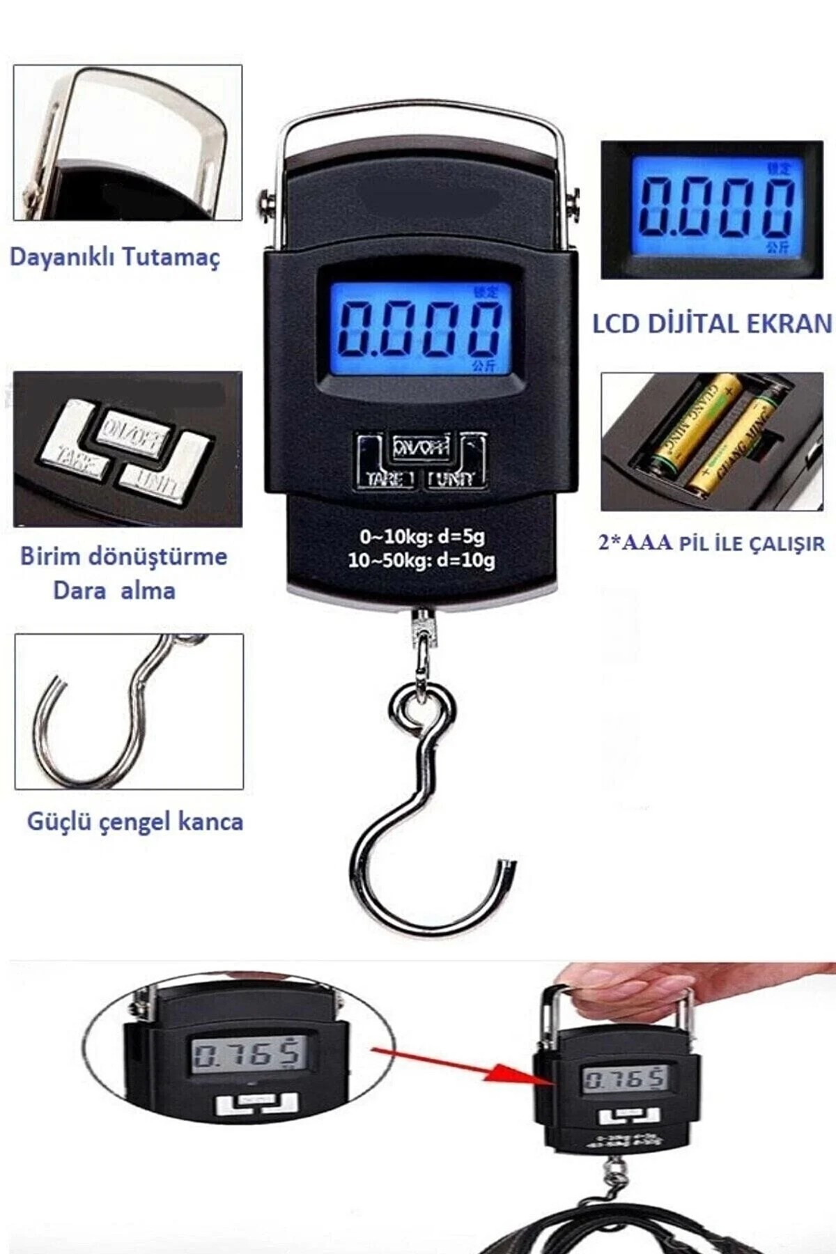 Dijital El Kantarı 50 Kg Kapasiteli Hassas Terazi LCD Ekranlı Dara Alma