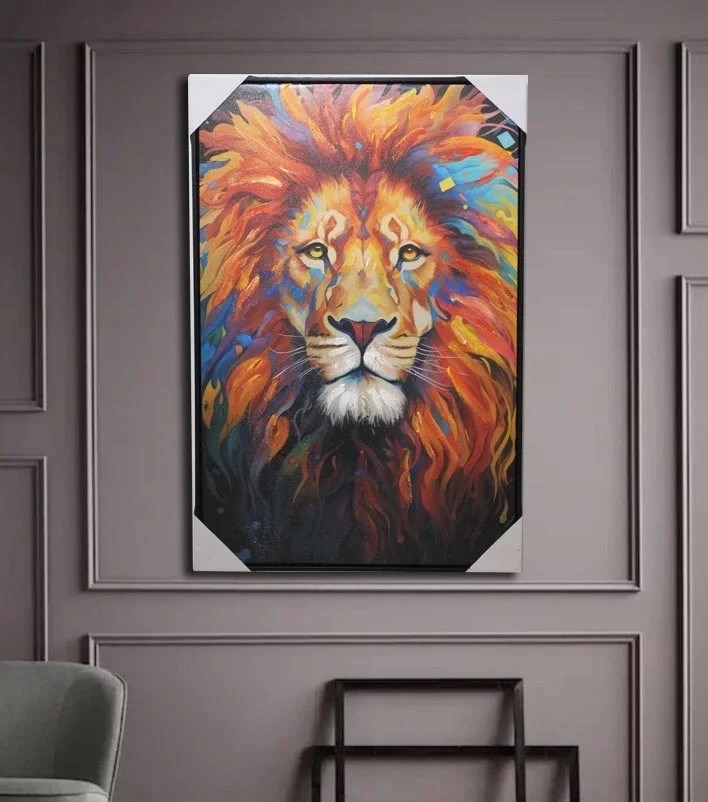 Duvara Asmalı Yağlı Boya Pano, 90x60 cm Aslan Figürlü Dekoratif Duvar Panosu