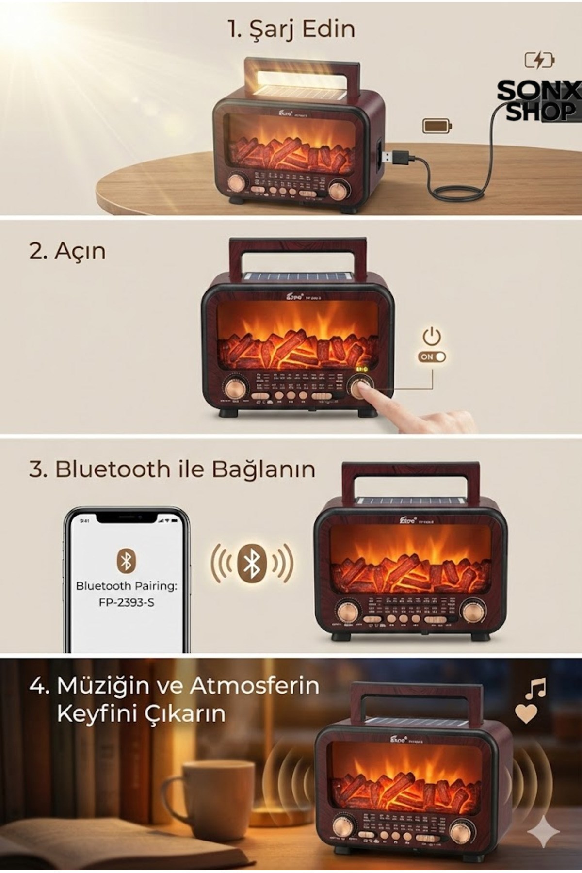 Şömine Alev Efektli  Bluetooth Hoparlör Radyo – Güneş Enerjili