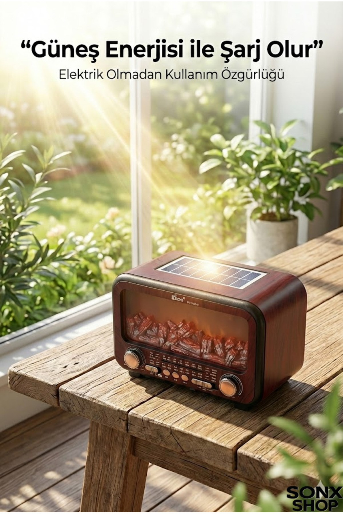 Şömine Alev Efektli  Bluetooth Hoparlör Radyo – Güneş Enerjili