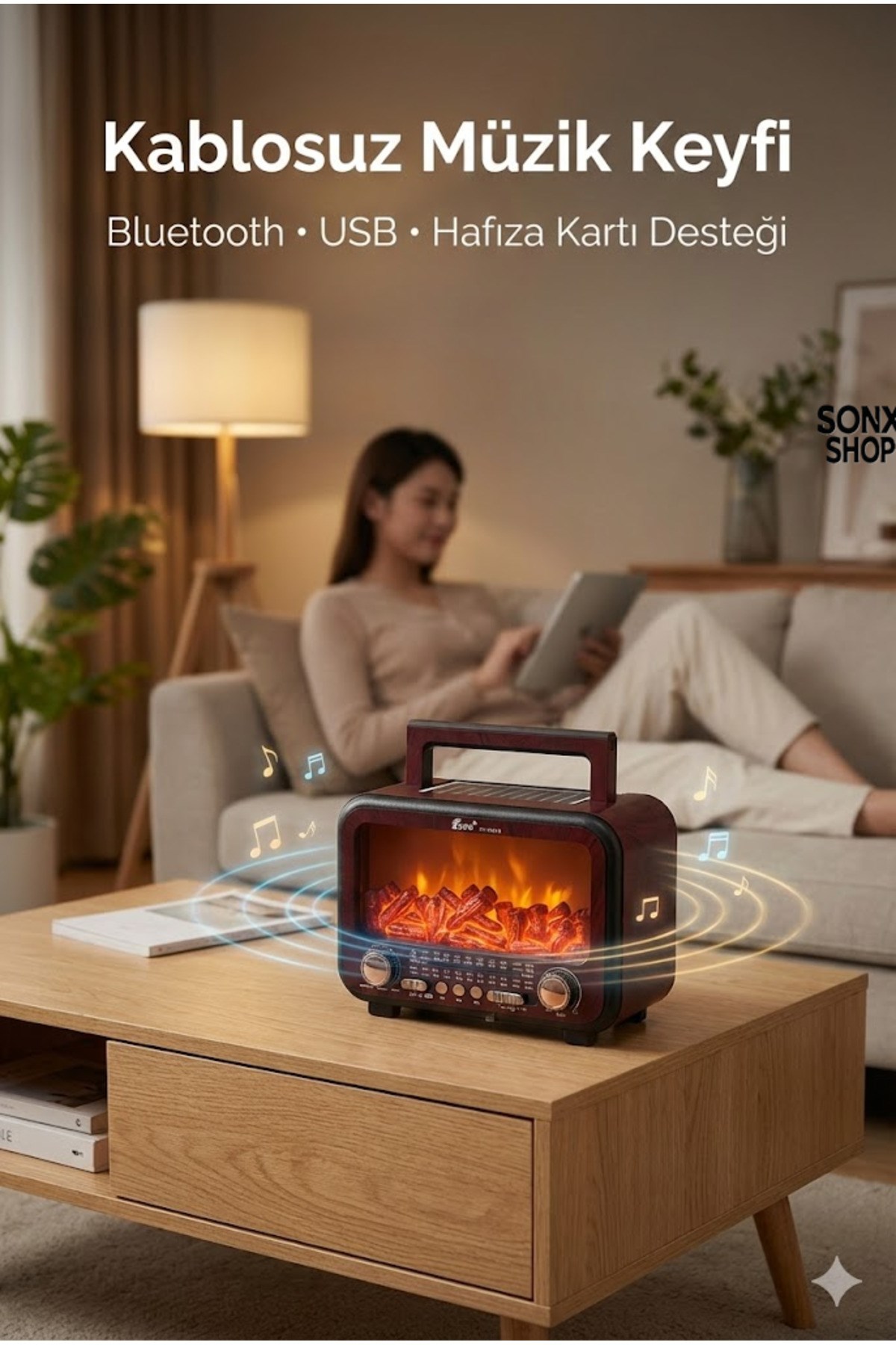 Şömine Alev Efektli  Bluetooth Hoparlör Radyo – Güneş Enerjili