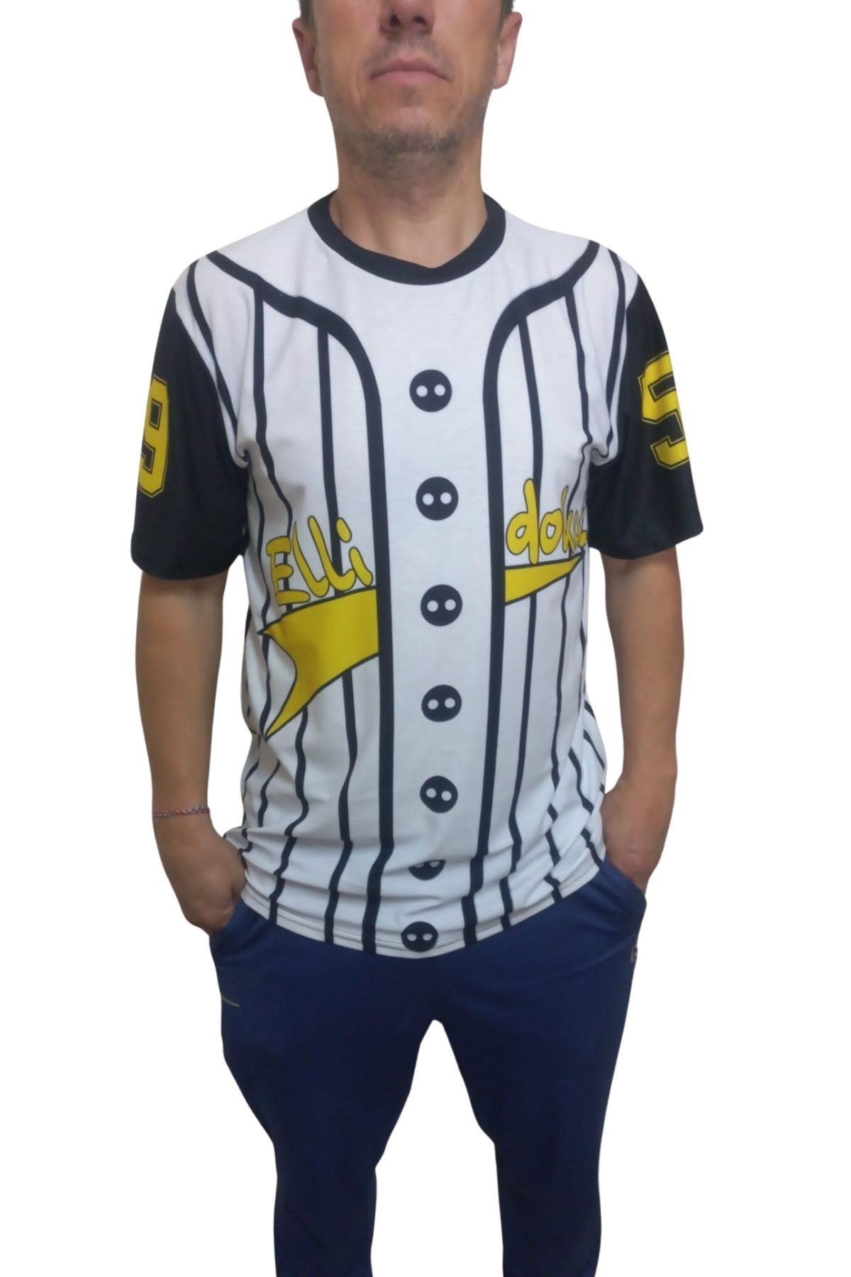 Erkek T-shirt 59 Numara Baskılı Sarı (kesik Elyaf Kumaş)