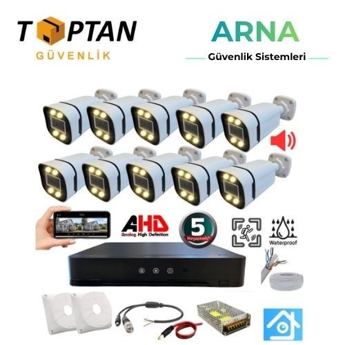 10 Kameralı 5 Mp Sesli Warm LED Waterproof 3.6 mm Lens H.265 Ahd Güvenlik Seti