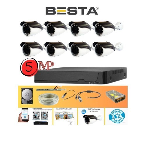Gerçek 5 Mp Metal Kasa 8 Kameralı Ahd Güvenlik Seti 2 Tb HDD Dahil