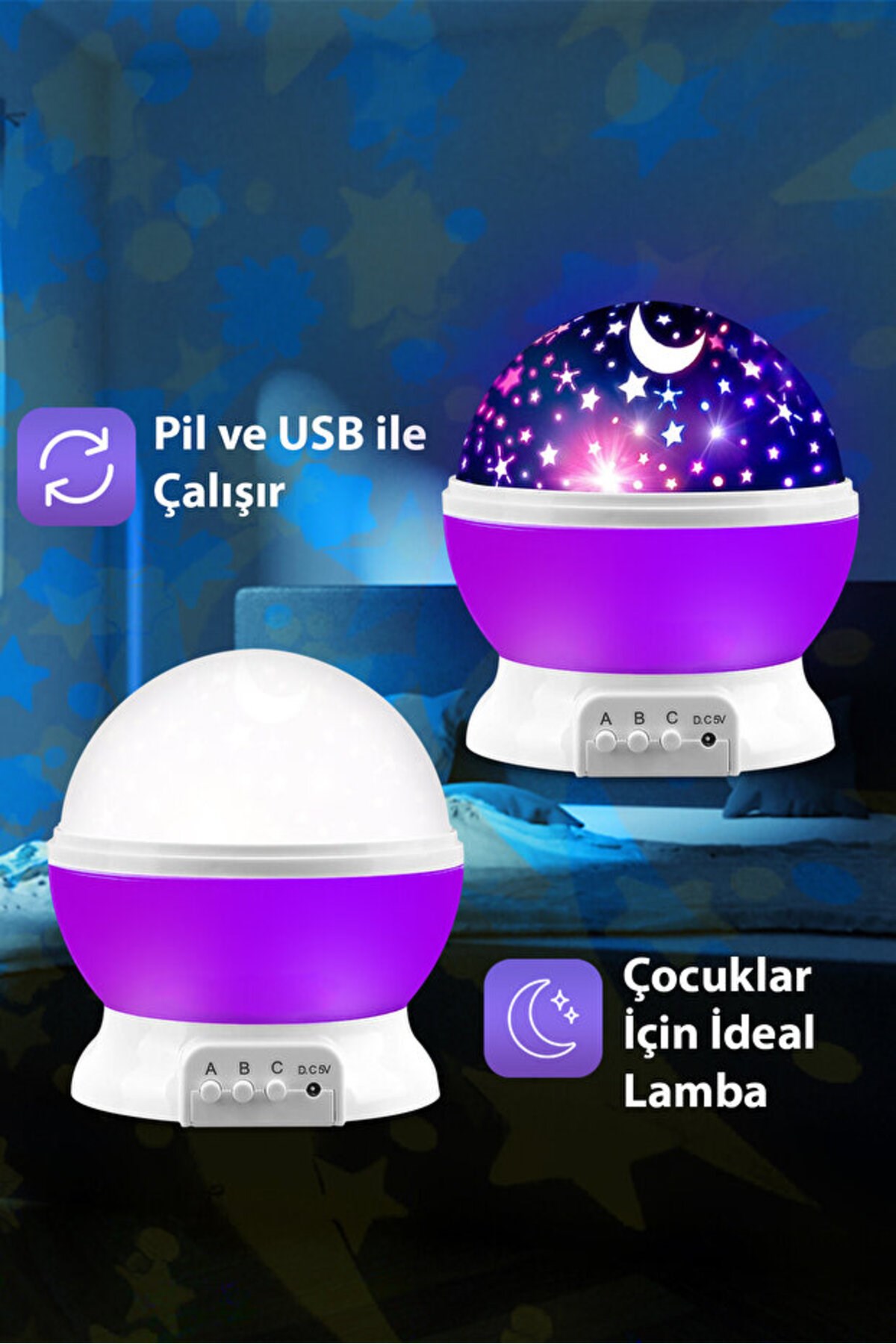 Ay Ve Yıldızlı Gökyüzü Yansıtmalı Dönen Projeksiyon Gece Lambası- Çocuk Bebek Odası Mor