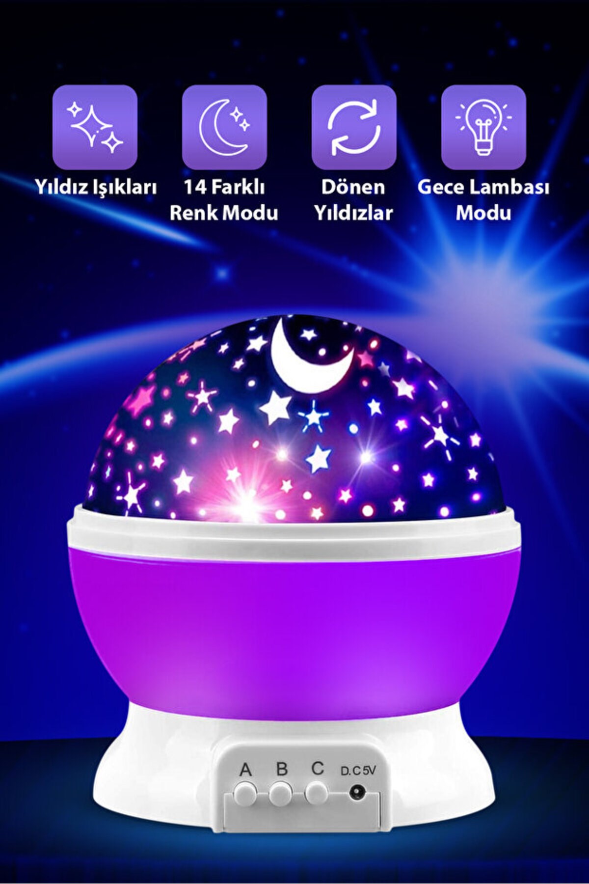 Ay Ve Yıldızlı Gökyüzü Yansıtmalı Dönen Projeksiyon Gece Lambası- Çocuk Bebek Odası Mor