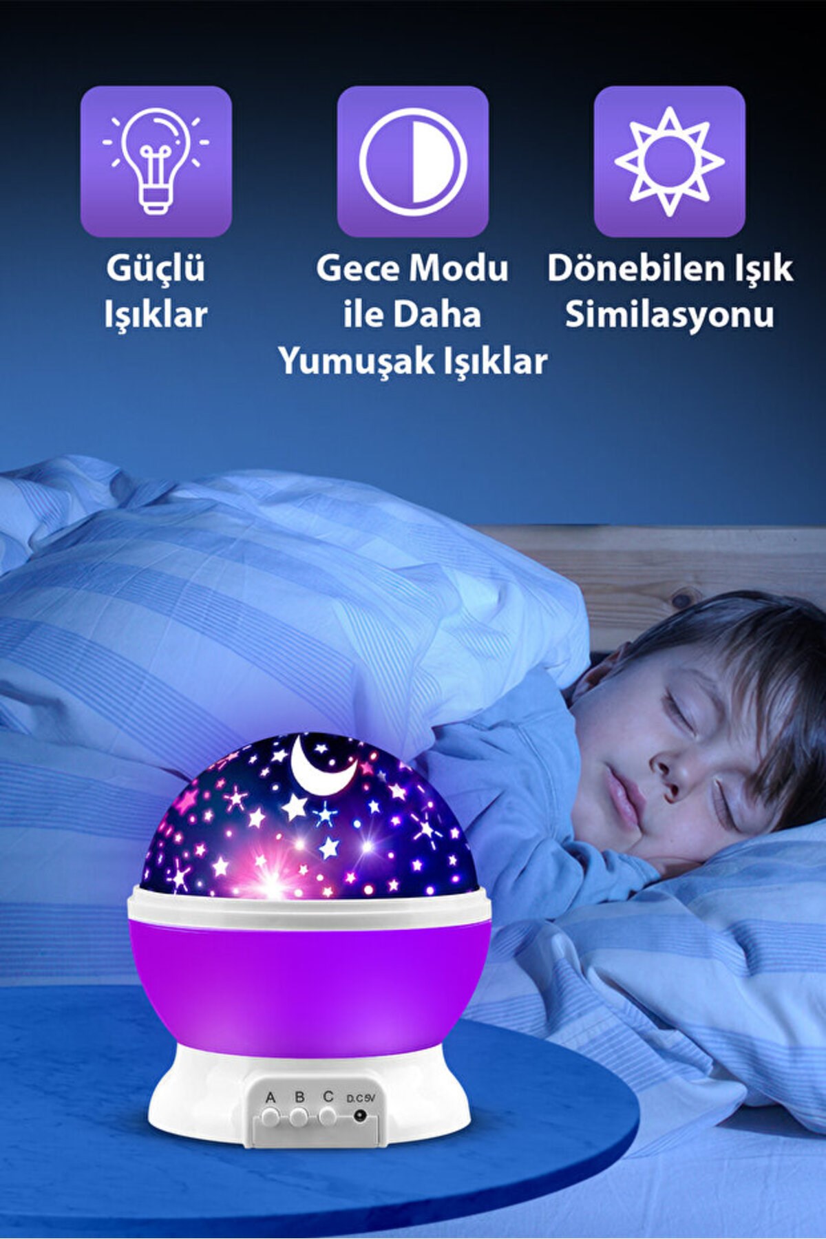 Ay Ve Yıldızlı Gökyüzü Yansıtmalı Dönen Projeksiyon Gece Lambası- Çocuk Bebek Odası Mor
